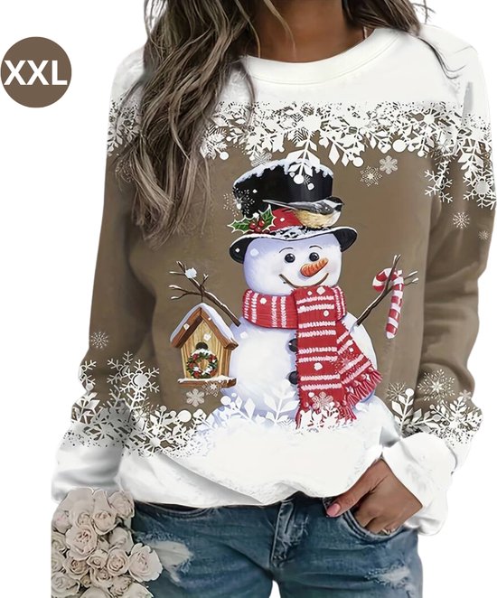 Nivard Kersttrui - Dames - Foute Kersttrui - Christmas Sweater - Kerst Sweater - Christmas Jumper - Pyjama - Pullover - Sneeuwpop - Khaki - Maat XXL