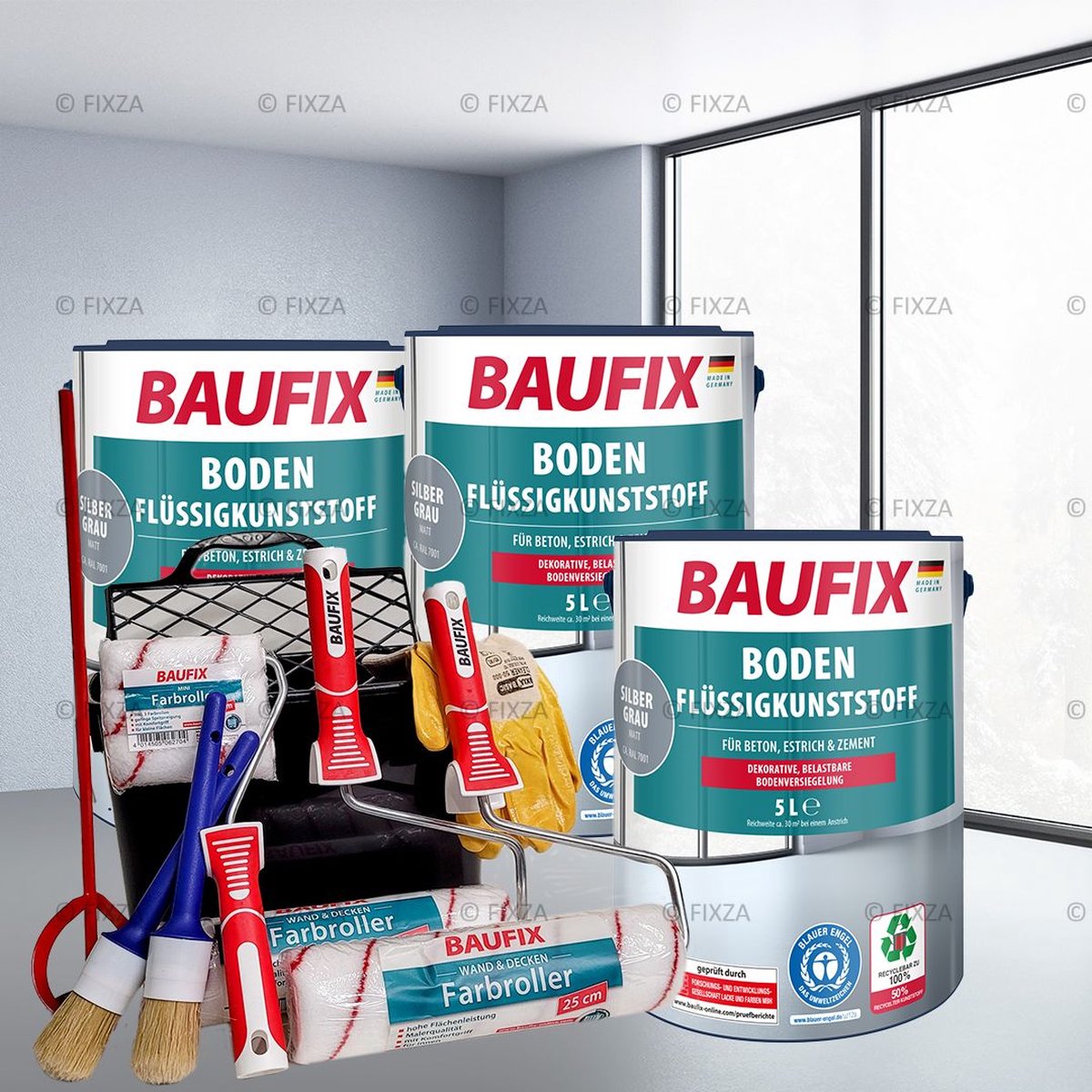 BAUFIX Betonverf Vloer Voordeelverpakking met Verwerkingset zilvergrijs 45 m²