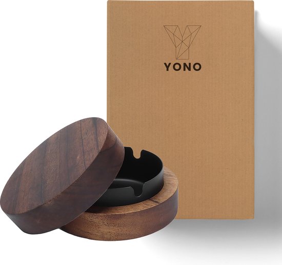 Bruine houten asbak met deksel en YONO logo op de verpakking.