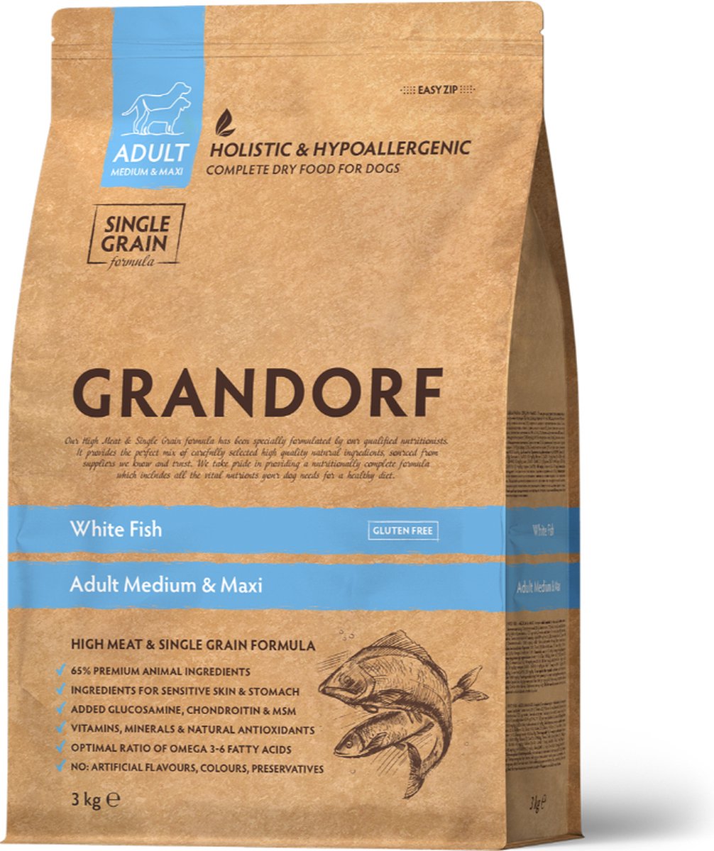Grandorf - Witte Vis - Adult Med&Maxi - Hypoallergeen - Gevoelige huid en vacht - Allergie gevoelig - 3Kg