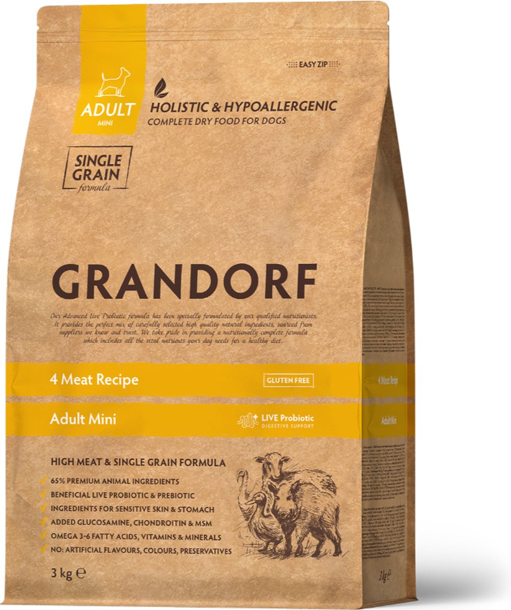 Grandorf - 4Meat - Mini Breeds - Hondenvoer - Hypoallergeen - Probiotica - 3kg
