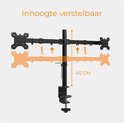 Dubbele monitorarm met 45 cm hoogte verstelbaarheid.