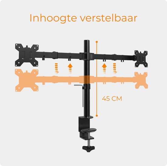 Dubbele monitorarm met 45 cm hoogte verstelbaarheid.