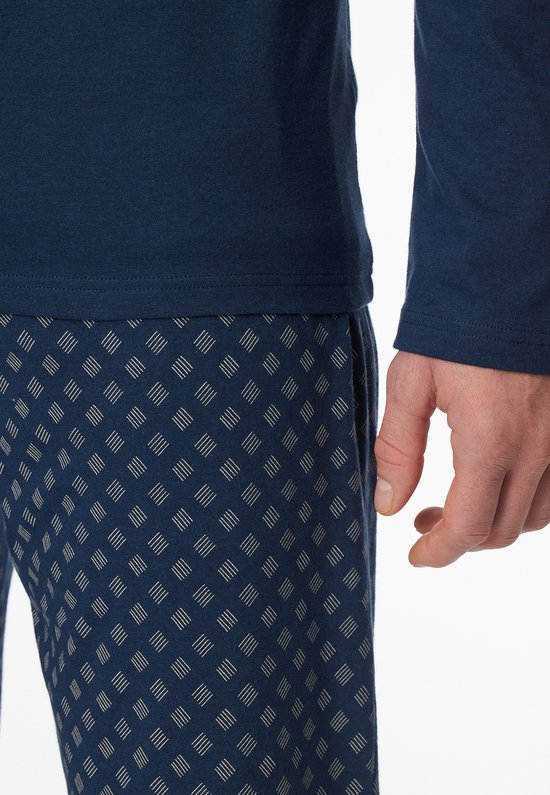 Donkerblauwe pyjamabroek met een ruitpatroon van fijne lijntjes.