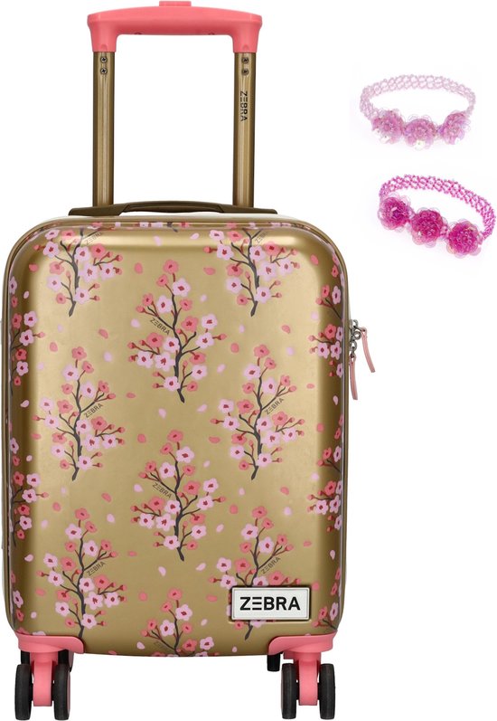 Zebra Trolley Koffer Gold Flowers - kinderkoffer - handbagage koffertje meisje + armbandje