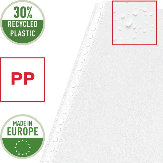 Transparante A4 insteekhoes met cirkels '30% recycled plastic', 'PP' en 'Made in Europe'.