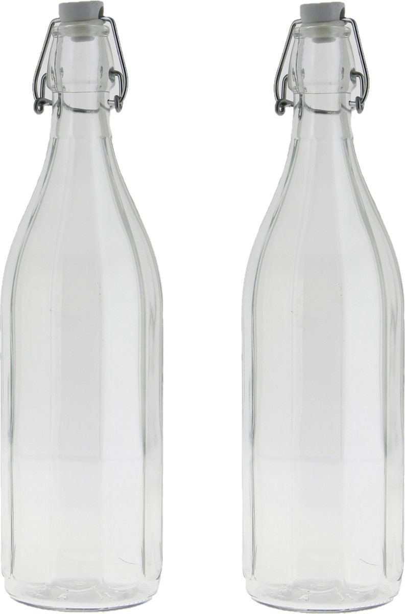 2x Stuks glazen fles transparant met beugeldop 1000 ml - Waterfles - Olie/azijn fles