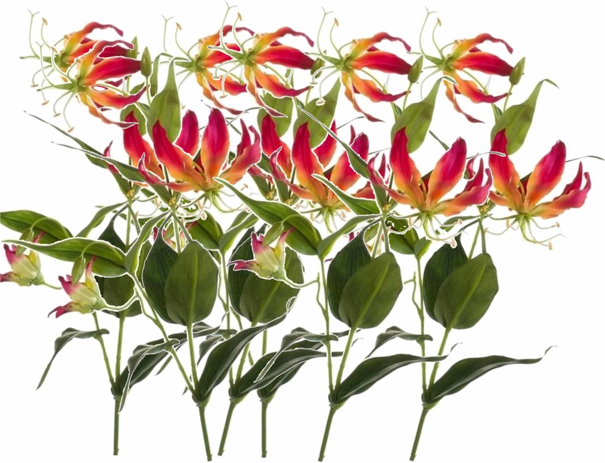 Shoppartners Bellatio flowers & plants Kunstbloem - 6x - gloriosa klimlelie - 75 cm - geel/rood - Klimlelies - Kunstbloemen boeketten maken Multi