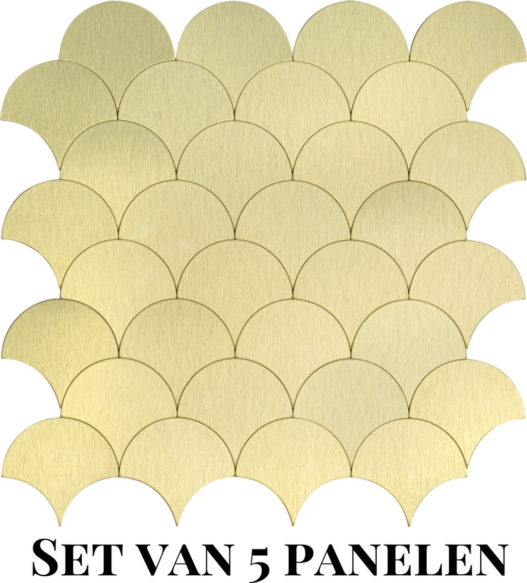 Wallways Wandpanelen - Plaktegels - Set van 5 Tegels - Tegelsticker - Zelfklevende Tegels - 4MM dik - Aluminium toplaag - Waterdicht - Krasbestendig - Hittebestendig - 3M Kleeflaag - Shells Goud