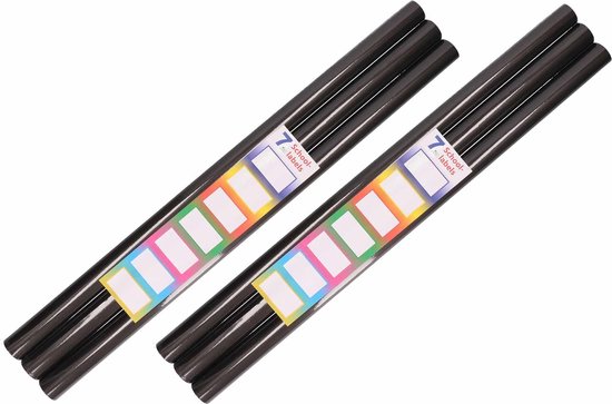 6x Rollen Kaftpapier / kadopapier - met etiketten - 200 x 70 cm - zwart - kaftpapier voor schoolboeken