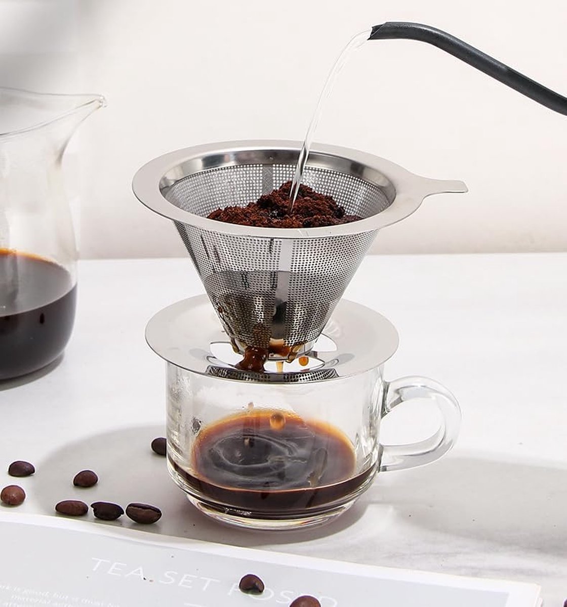 Herbruikbare Koffiefilter RVS - Koffiefilter Houder - Barista - Filterkoffie Pour Over - Reizen - Koffiefilterhouder - Camping - Travel - RVS Gaas - permanent koffiefilter van roestvrij staal — cadeau in Kookcadeaus - foto 4