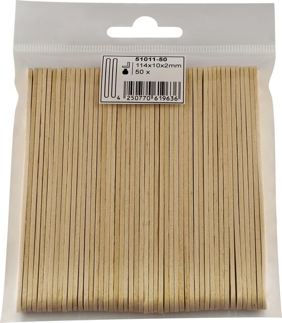 Verpakking met 50 houten ijslolly stokjes, 114x10mm, naturel.
