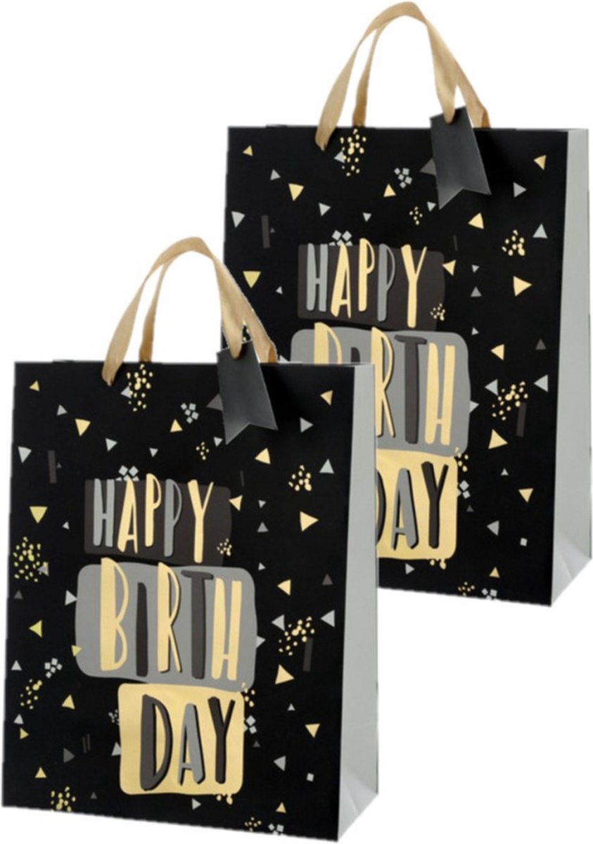 Set van 4x stuks papieren verjaardag giftbags/cadeau tasjes Happy Birthday zwart 25 x 32 x 12 cm - cadeau tassen