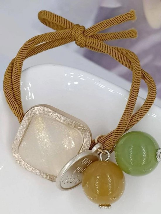 Set de trois élastiques à cheveux luxueux avec breloques - Blue - Beige - Gold