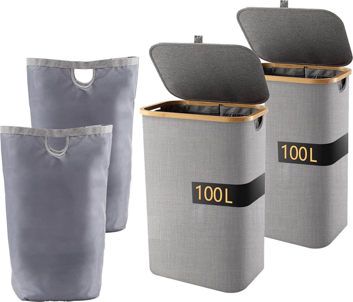 Goedkoopste Praktische en ruime oplossing voor je wasgoed - Set van 2 x 100 L wasmanden met deksel, wasverzamelaar, wasbox, wasbak