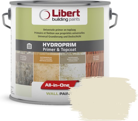 Libert Hydroprim verfblik met "All-in-One WALL PAINT". Een kwaststreek met lichtgele "Sweet Dreams" verf ligt ernaast.