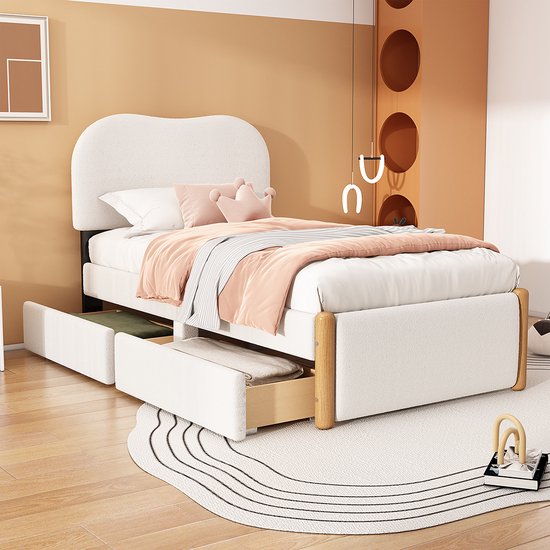 NNJN Gestoffeerd bed 90 x 200 cm met LED-verlichting, 2 laden, huidvriendelijke linnen bekleding plat eenpersoonsbed kinderbed tienerbed logeerbed (grijs