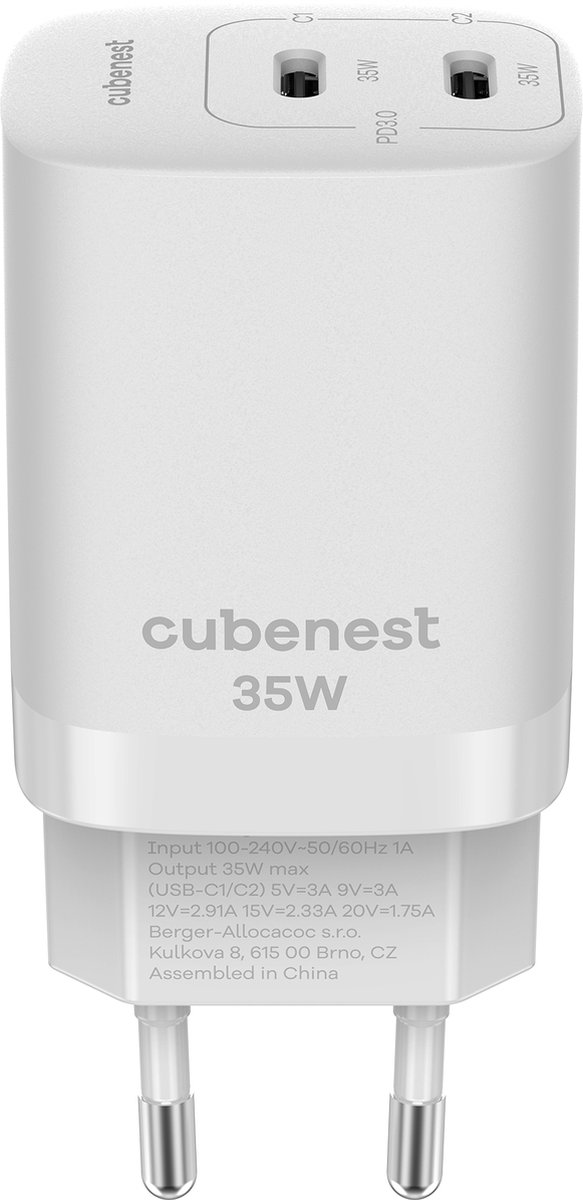 Cubenest PD GaN S2D1 Dubbele USB-C Adapter - 35W Power Delivery 3.0 - Dubbele USB C Poort Oplader USB Stekker - Gesicht voor Apple iPhone 12/13/14/15 - iPhone Oplader - Gesicht voor Samsung Galaxy S24/S23/S22/S21 - Snellader - Snellader - USB-C - USB