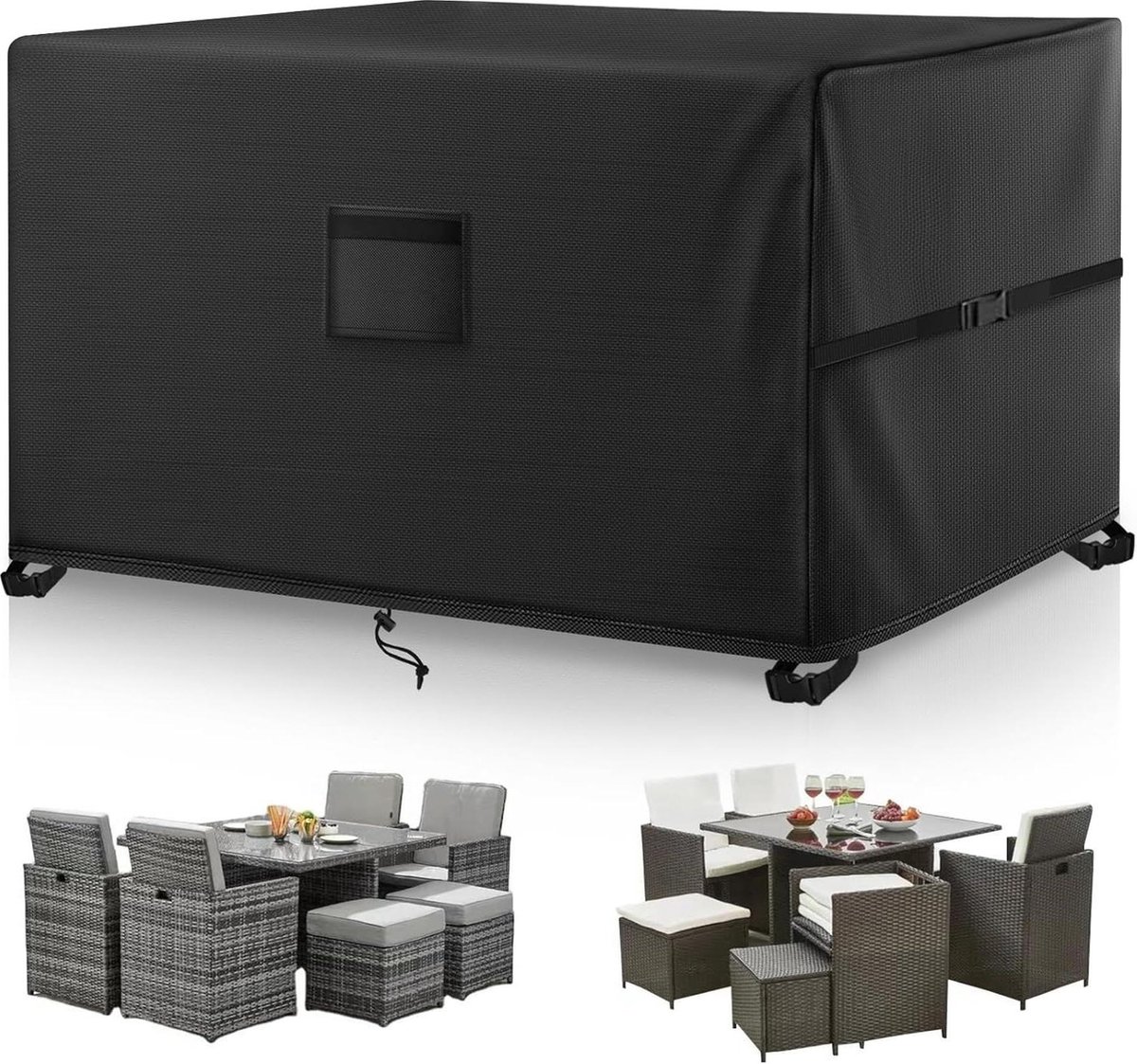 Tuinmeubelhoes 135 x 135 x 74 cm - waterdicht - terrastafelhoezen - Oxford-stof - zwaar belastbaar - rotan meubelhoes - winddicht - anti-UV - buiten - zwart
