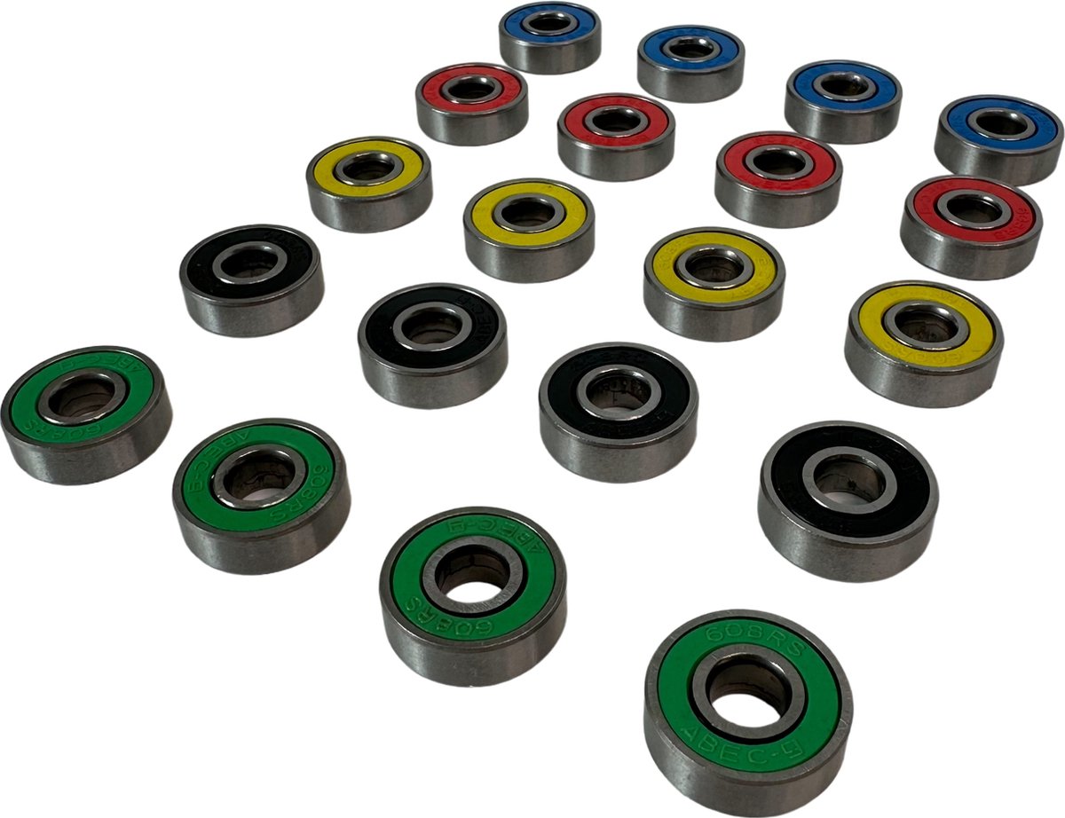 MGM Trading 20 STUKS Skateboardlagers kleurenminiatuur Dubbel afgeschermde lagers ABEC-9 608 2RS Skateboard Lager voor Lange Skateboards Vierwielige Skates Wielen Vervangende Lager Groen