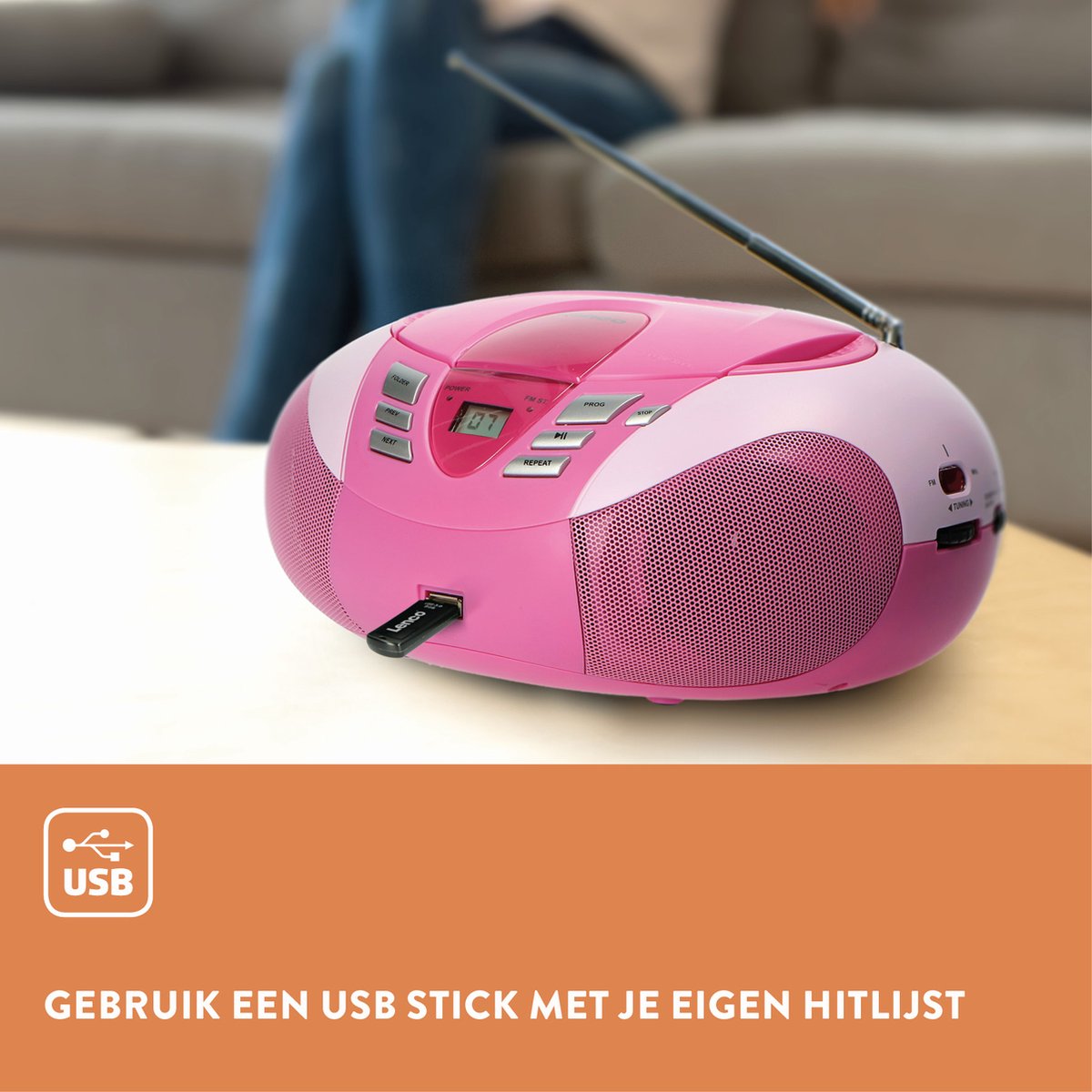 Lenco SCD-37 - Draagbare radio CD speler met MP3 optie en USB - Roze thumbnail 4