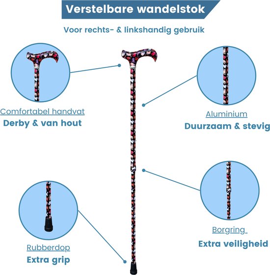 Eigenschappen verstelbare wandelstok: comfortabel derby handvat, aluminium, rubberen dop. Kattenprint.