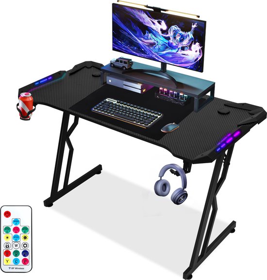 Game Bureau 120x60x75cm - Gaming Bureau met LED Verlichting - Gaming desk RGB - Zwart - Computertafel met Koptelefoonhouder, bekerhouder & kabeltunnel - Incl. Gaming Muismat ( 72x56cm ) - Z-Vormig Gaming Tafel met afstandsbediening
