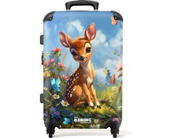 NoBoringSuitcases.com NoBoringSuitcases.com® - Kinderkoffer groot - Kindertrolley koffer - Jong hertje zit te midden van bloemen en vlinders - Rolkoffer lichtgewicht - 20 kg bagage