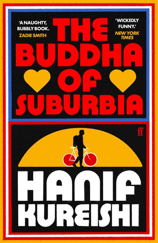 Boek kaft met de titel 'The Buddha of Suburbia' van Hanif Kureishi in rode letters, met gele harten.