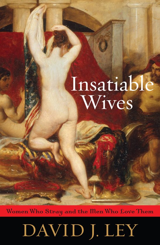 Livre 'Insatiable Wives' avec une peinture d'une femme se changeant, avec des hommes en arrière-plan.