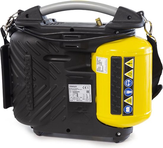 Achterkant van de Stanley Airboss compressor, met gele tank