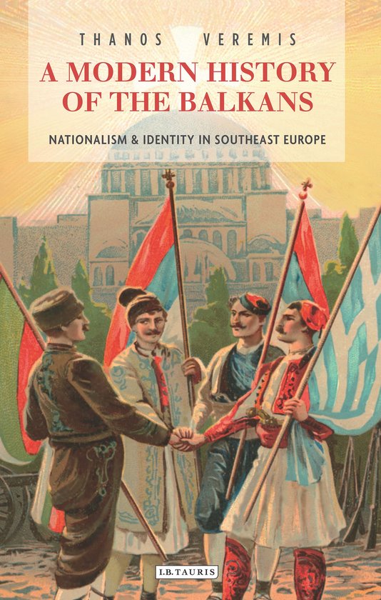 Boek 'A Modern History of the Balkans' met een illustratie van vier mannen die elkaar de hand schudden voor een gebouw met vlaggen.