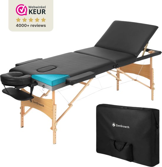 ZenGrowth® Economy Massagetafel Zwart – Black friday - Sinterklaas - Met rugleuning – Inklapbaar – Breedte 95 cm – Hoogte 57 tot 83 cm – Dubbellaags matras – Behandelbank – Behandeltafel – Inclusief Opbergtas