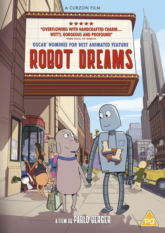 Film poster voor Robot Dreams met een hond en een robot die hand in hand lopen, met een bioscoop en wolkenkrabbers op de achtergrond.