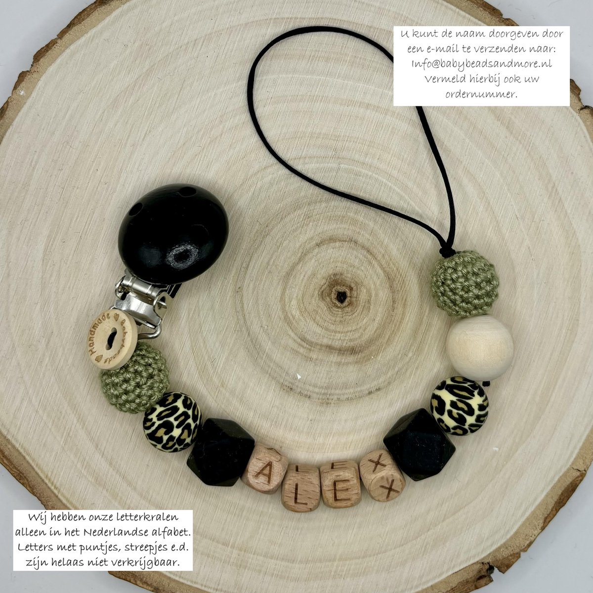 Goedkoopste Babybeads - Speenkoord met naam - Legergroen met tijgerprint - Gepersonaliseerd kraamcadeau