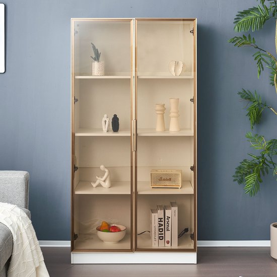 Sweiko Vitrine en verre Witte avec éclairage LED 16 couleurs, Vitrine à étagère mobile à double porte, 80 * 40 * 160 cm, armoire haute de salon, vitrine verticale, armoire de salle de bain