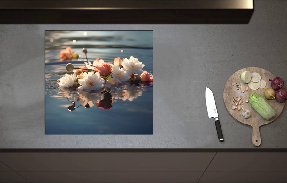 Inductieplaat Beschermer - Camellia Bloemen en Knoppen op het Water - 57x55 cm - 2 mm Dik - Inductie Beschermer - Bescherming Inductiekookplaat - Kookplaat Beschermer van Zwart Vinyl