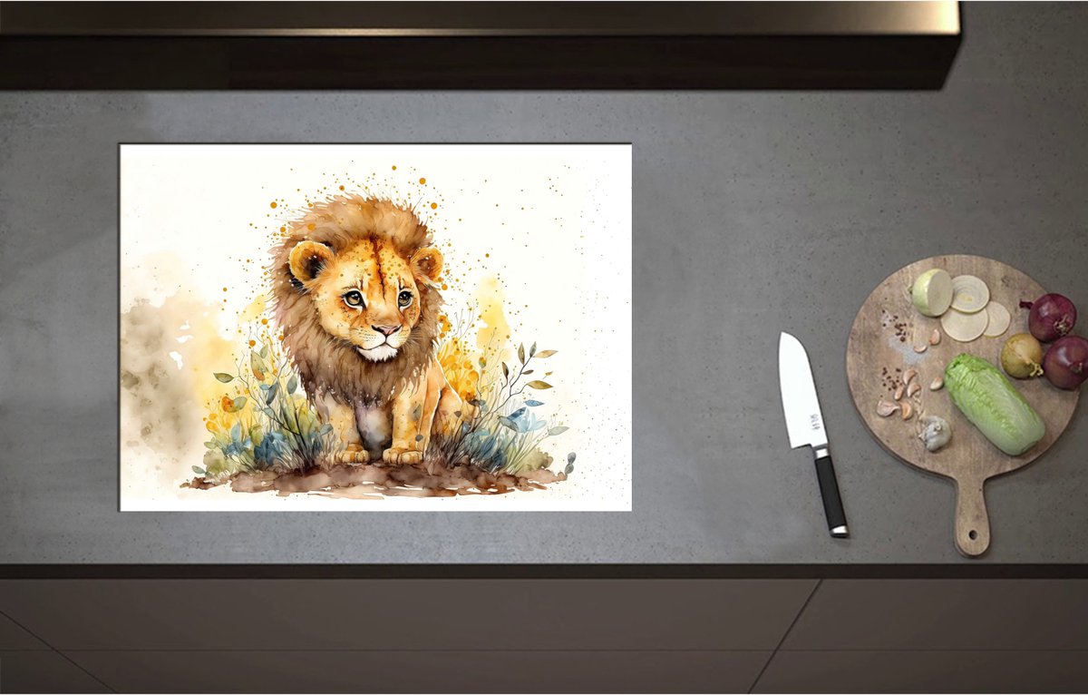 Inductieplaat Beschermer - Cartoon Tekening van Leeuwtje tussen de Planten - 71x51 cm - 2 mm Dik - Inductie Beschermer - Bescherming Inductiekookplaat - Kookplaat Beschermer van Wit Vinyl