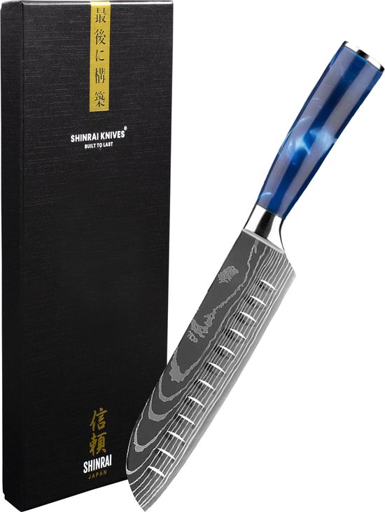 Shinrai Japon - Couteau japonais Santoku 18 cm - Couteau de chef - Couteau Damas - Sapphire époxy imprimé Damas - Avec coffret cadeau de Luxe