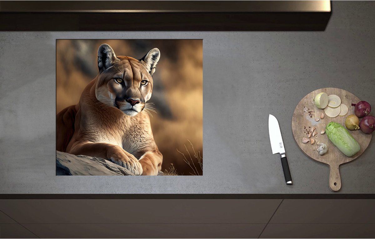 Inductieplaat Beschermer - Cartoon van Puma Liggend op Grijze Rots in Natuurgebied - 59x55 cm - 2 mm Dik - Inductie Beschermer - Bescherming Inductiekookplaat - Kookplaat Beschermer van Zwart Vinyl