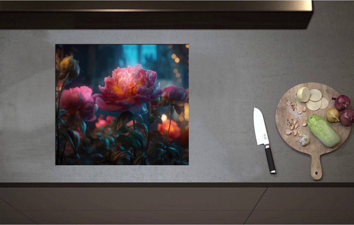 Inductieplaat Beschermer - Close-up van Bloeiende Bloemen in het Donker - 57x52 cm - 2 mm Dik - Inductie Beschermer - Bescherming Inductiekookplaat - Kookplaat Beschermer van Zwart Vinyl