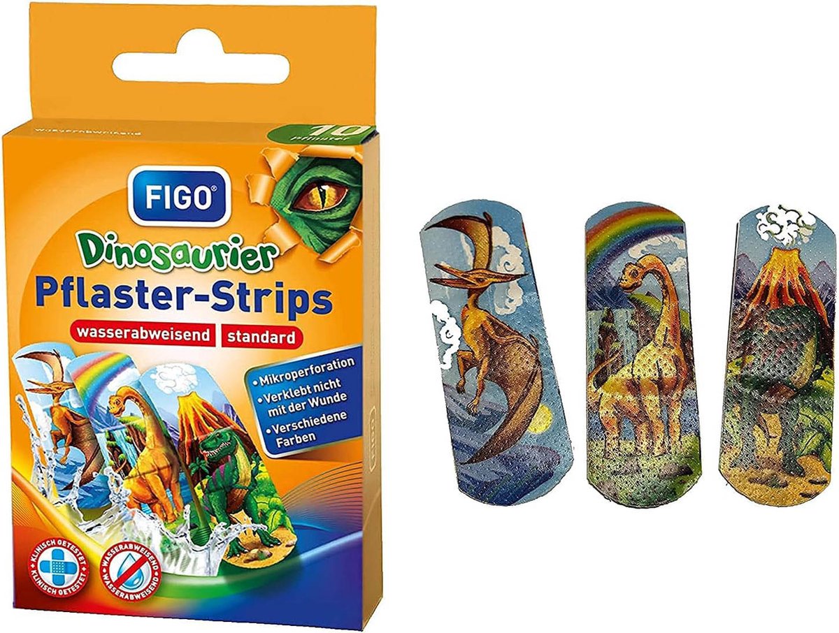 Goedkoopste Figo Waterafstotende Kinderpleister - Strips - Dinosaurussen - 2 x 10 Stuks = 20 Stuks !!