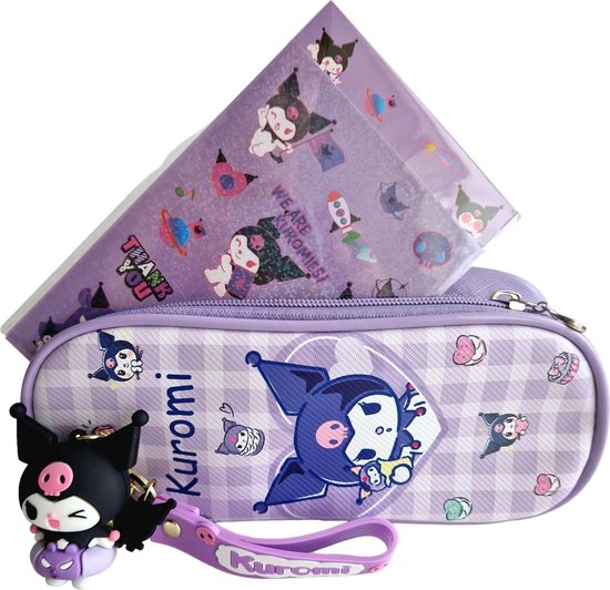 Foto: Schattige set kuromi etui pvc sleutelhanger stickers paars tashanger schattige en praktische accessoires voor kinderen