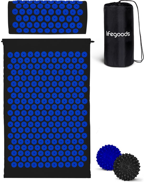 LifeGoods Acupressuur Mat met Kussen - Shakti mat - Spijkermat Incl. 2x Triggerpoint Bal - 66x40x2cm - Zwart/Blauw