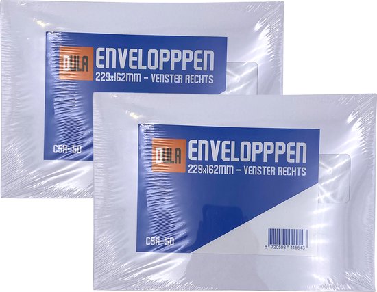 Verpakking van 2 DULA C5-enveloppen met venster rechts, 229x162mm.