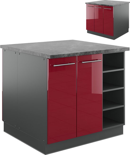 Vicco Kitchen Island Fame- Line, Bordeaux brillant/anthracite/anthracite, 90 cm sans plan de travail