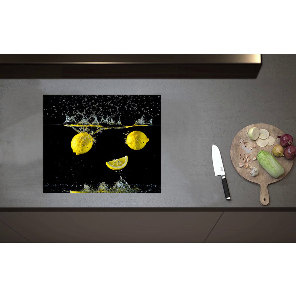 Inductieplaat Beschermer - Citroenen in Water - 60x50 cm - 2 mm Dik - Inductie Beschermer - Bescherming Inductiekookplaat - Kookplaat Beschermer van Zwart Vinyl