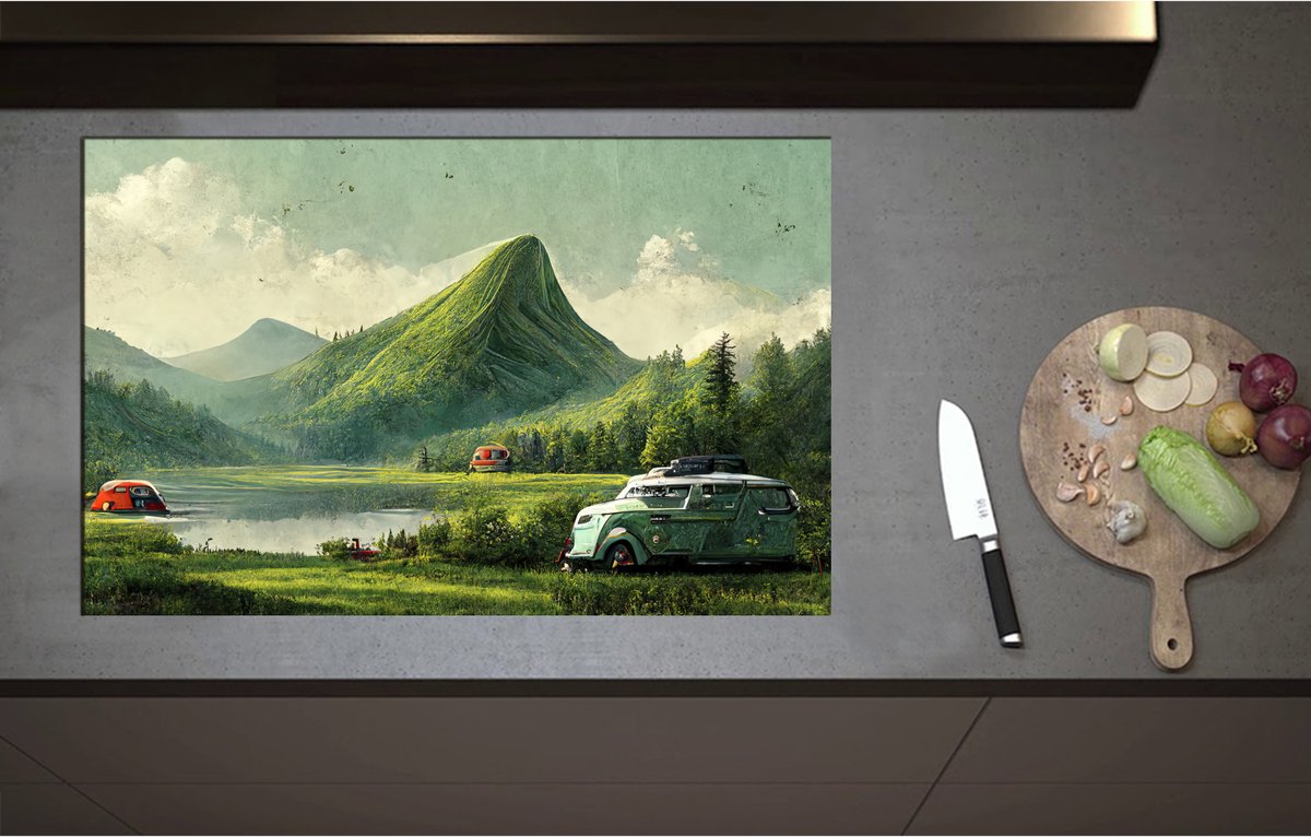 Inductieplaat Beschermer - Bus in Groen Landschap - 85x55 cm - 2 mm Dik - Inductie Beschermer - Bescherming Inductiekookplaat - Kookplaat Beschermer van Wit Vinyl