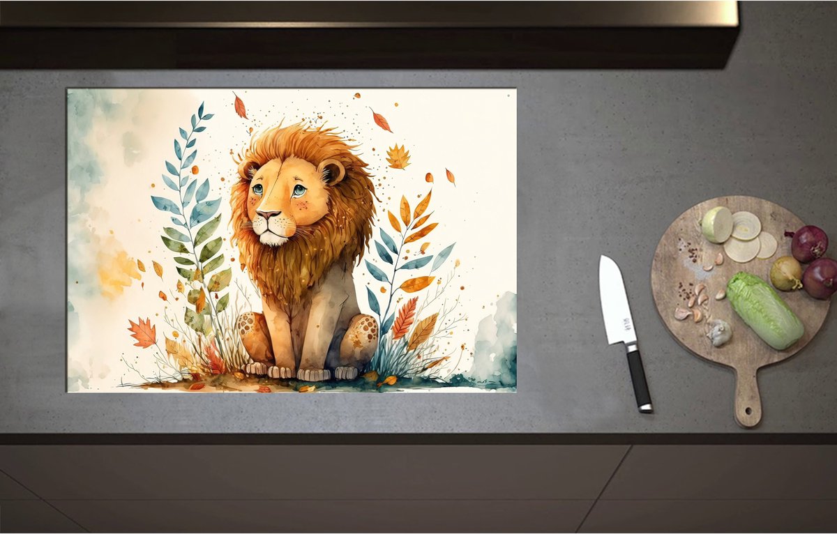 Inductieplaat Beschermer - Cartoon Tekening van Leeuw omringd door Kleurrijke Planten - 80x55 cm - 2 mm Dik - Inductie Beschermer - Bescherming Inductiekookplaat - Kookplaat Beschermer van Wit Vinyl