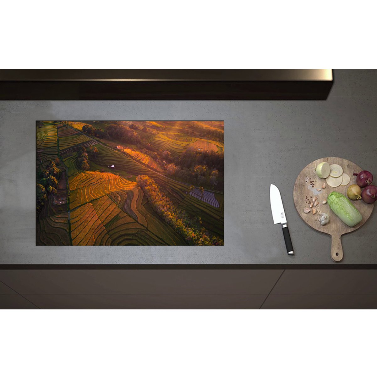 Inductieplaat Beschermer - Bovenaanzicht van Weiland op Bergen tijdens Zonsopkomst - 75x50 cm - 2 mm Dik - Inductie Beschermer - Bescherming Inductiekookplaat - Kookplaat Beschermer van Wit Vinyl